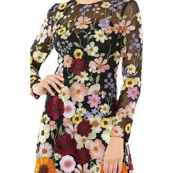 Women's Fashion Flower Embroidery Mini Dress Elegant Long Transparent Sleeve Chic High-quality Party Dresses - Frimunt Clothing Co.