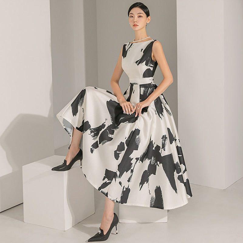 Monochrome Brushstroke Midi Dress Classic Sleeveless A-Line Frimunt Clothing Co. Monochrome Brushstroke Midi Dress Classic Sleeveless A-Line Frimunt Clothing Co.