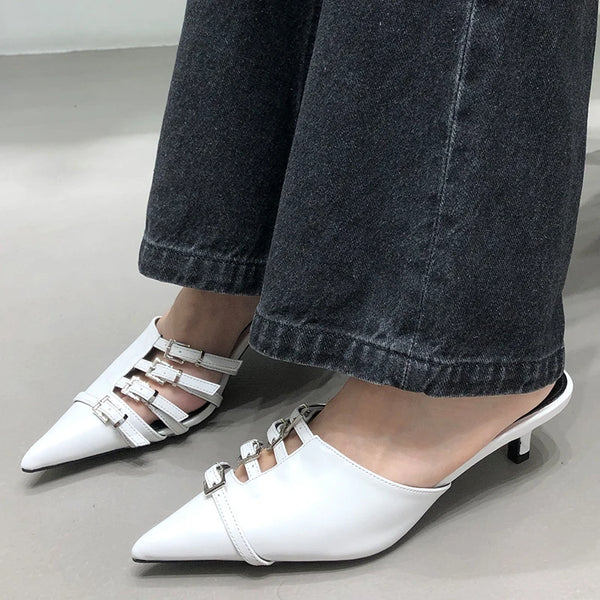 Women's Medium Heels Mules Shoes Buckle Pointed Toe Assorted Styles - Frimunt Clothing Co.