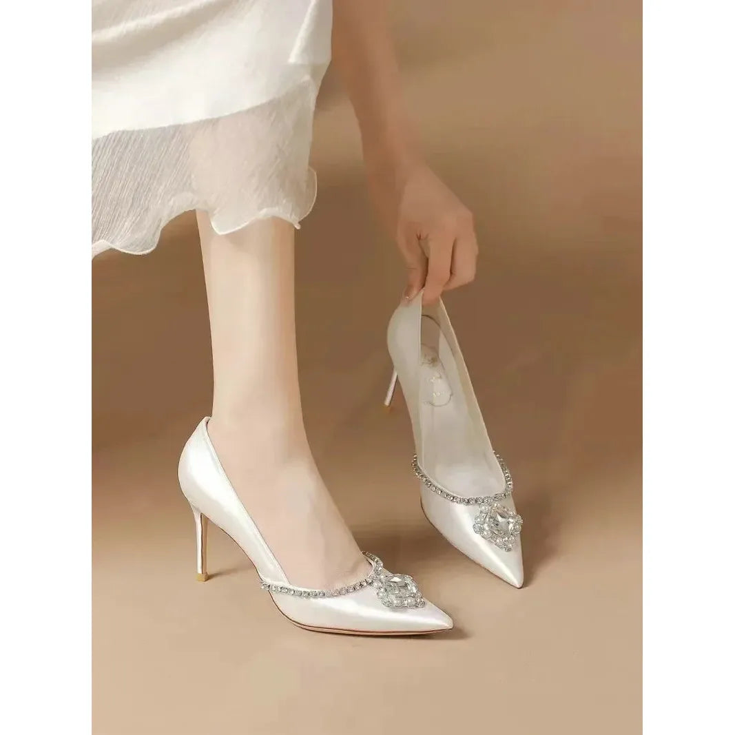 Elegant Wedding Shoes White Rhinestones High Heels 6cm and up, Bride, Bridesmaids Pumps - Frimunt Clothing Co.