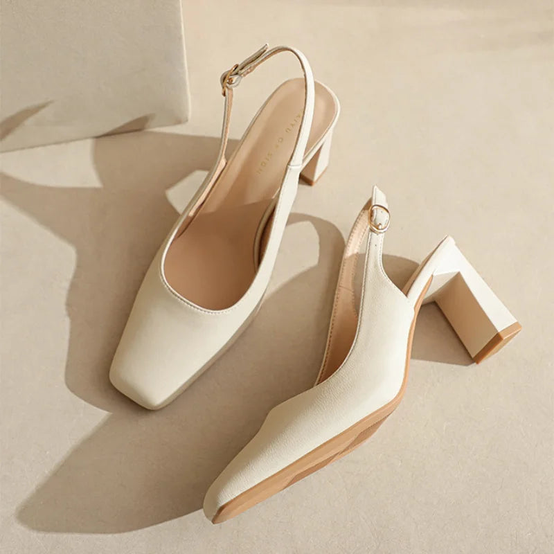 Square Toe Thick Heeled High Heels Women Pumps French Buckle Strap - Frimunt Clothing Co.