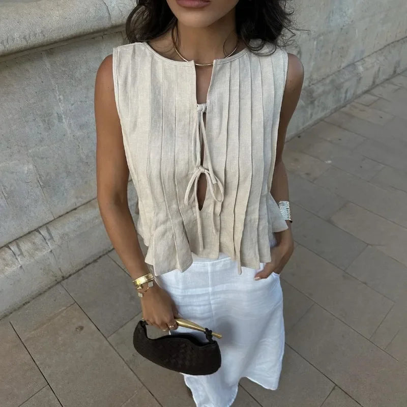 Solid Rib Women Tank Tops Summer  Lace Up Sleeveless Tops