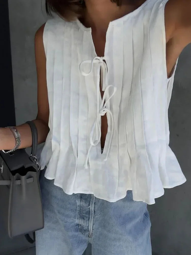 Solid Rib Women Tank Tops Summer  Lace Up Sleeveless Tops
