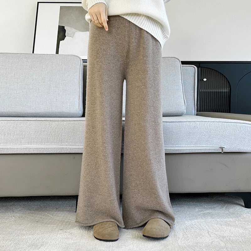 Women's Pure Warm Wool Knit Casual High-Waist Loose Hemmed Wide-Leg Fall-Winter Pants
