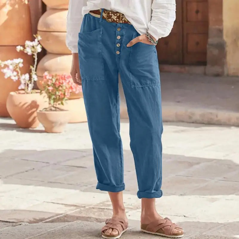 Women's Boho Style Cotton Linen Trousers Loose Fit Solid Color - Frimunt Clothing Co.