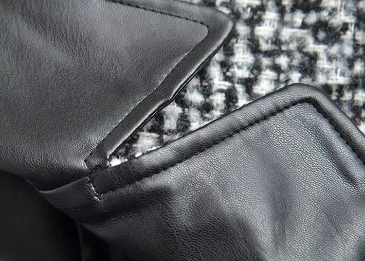 Women's Woolen Plaid Double Breasted With Leather Collar Long Coat