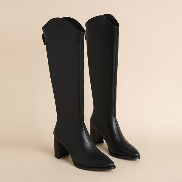 Women's Autumn Winter Eco Leather Knee High Zippered Boots Thick High Heels - Frimunt Clothing Co.