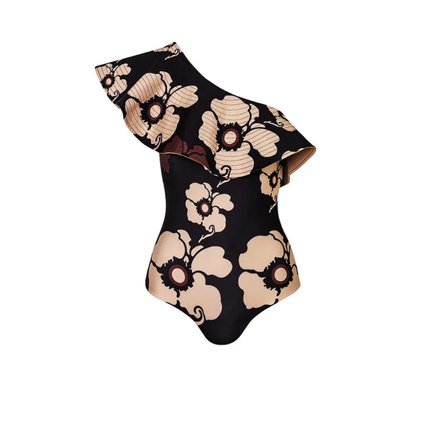 Retro Floral Print One Piece Swimsuit One Shoulder Push Up & Skirt Beachwear Fashion - Frimunt Clothing Co.