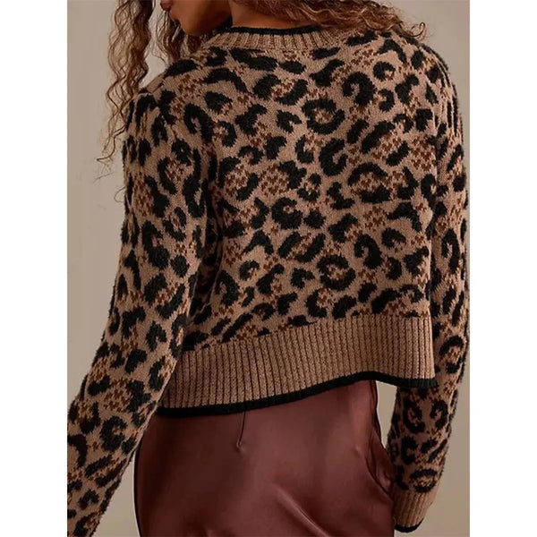 Women Knit Cardigan Leopard Print Ribbed Long Sleeve Tie Front Closure