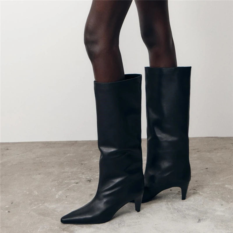 Women's Cow Genuine Leather High Heels Knee High Pointed Toe Winter Boots - Frimunt Clothing Co.
