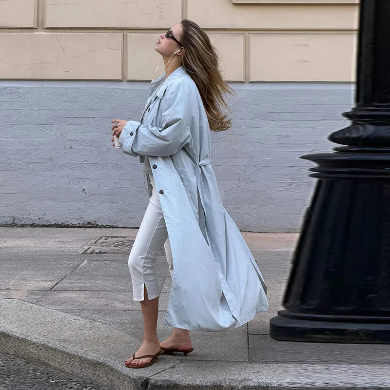 Button Front Women's Stand Collar Long Solid Color Trench Coat