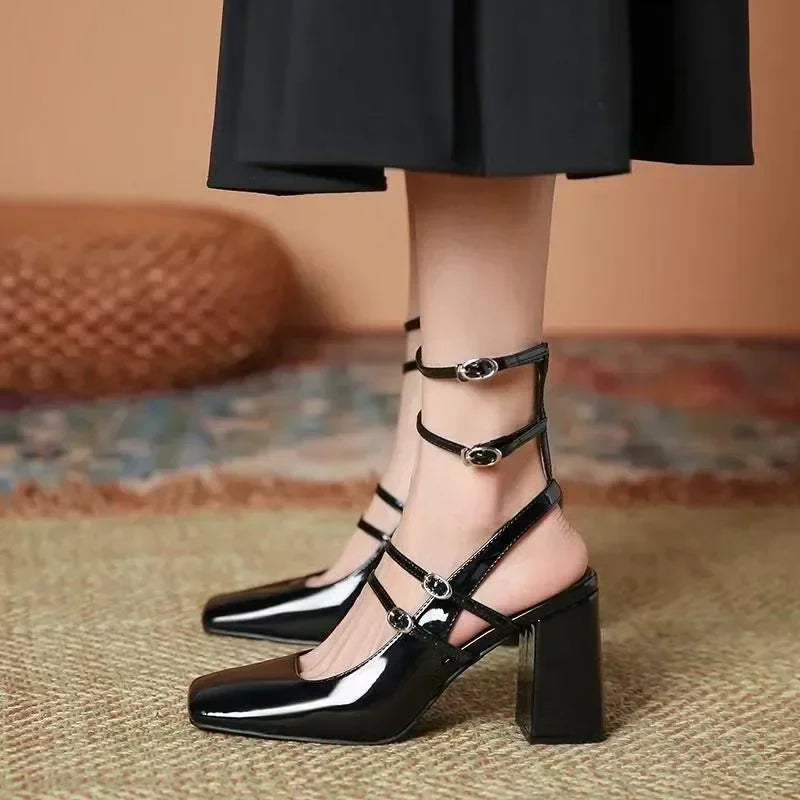 Luxury Designer Women's Ankle Strap Square Toe Chunky High Heels FSlingback Pumps - Frimunt Clothing Co.