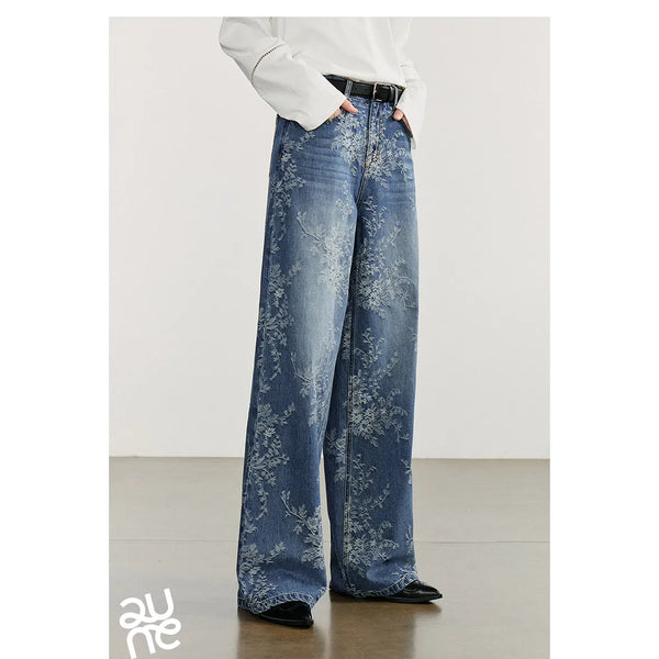 Women's Autumn Wide Straight Leg Jacquard Denim Pants - Frimunt Clothing Co.