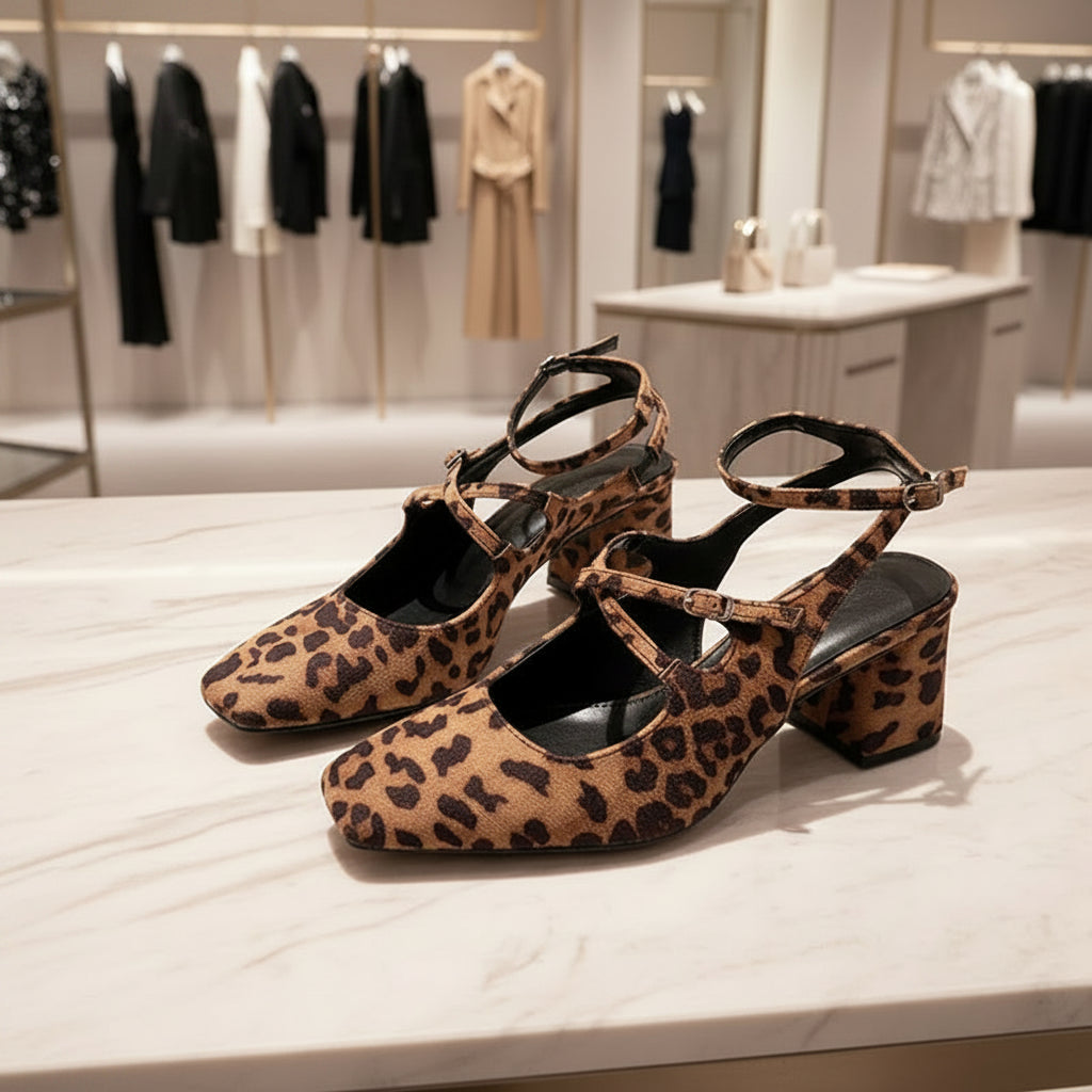 A pair of women's block-heel mules with a brown and black leopard print pattern, featuring a criss-cross strap design across the toes and thin ankle straps. The shoes are displayed on a shoe store shelf.