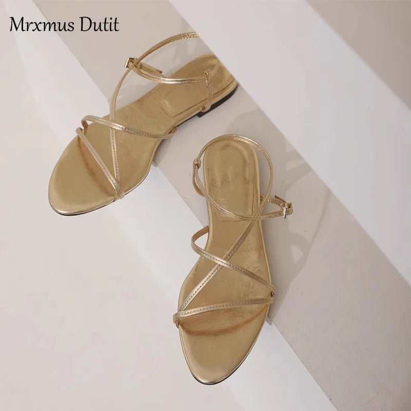 Women's Summer New Metallic Genuine Leather Multi-Strap Design Flat Sandals - Frimunt Clothing Co.