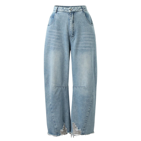 Women's High Rise Barrel Jeans Wide Leg Raw Hem