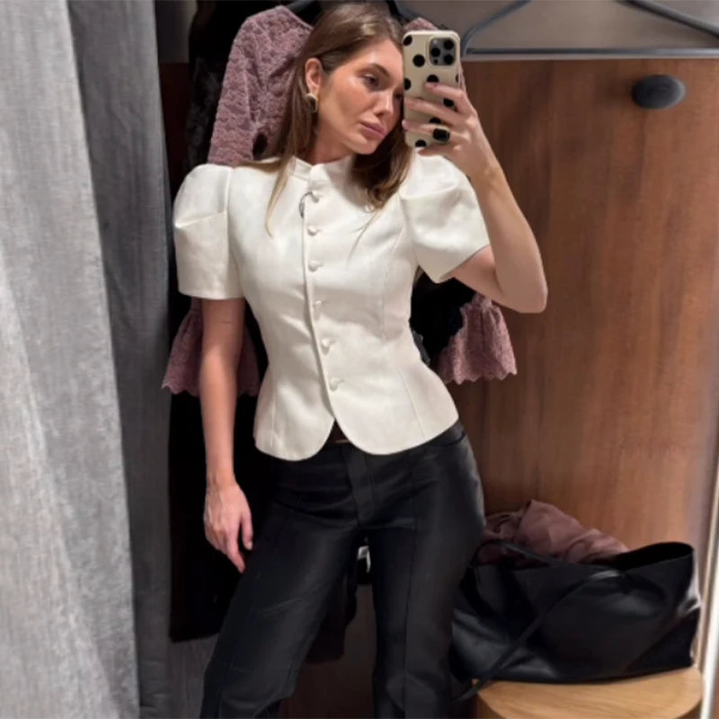 Chic Golden Toggle Button Cropped Jacket Padded Shoulder