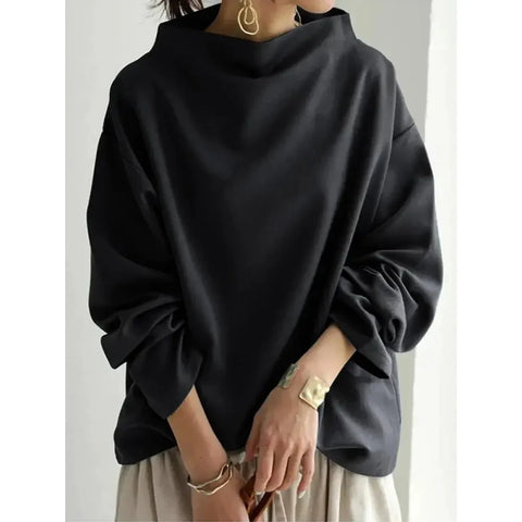 Women's Solid Black Sweatshirt High Neck Long Sleeves Loose Fit