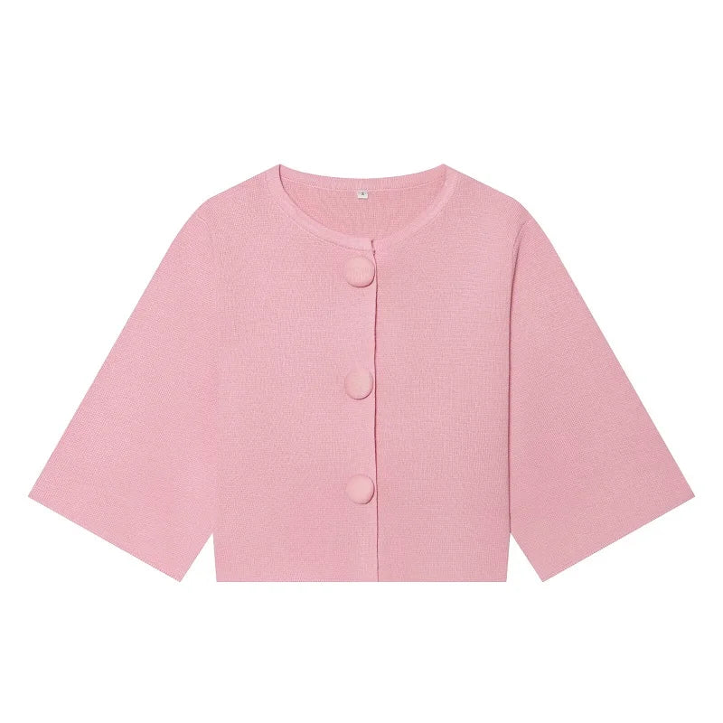 Button Knit Crop Top Summer French Sleeve Cardigan - Frimunt Clothing Co.