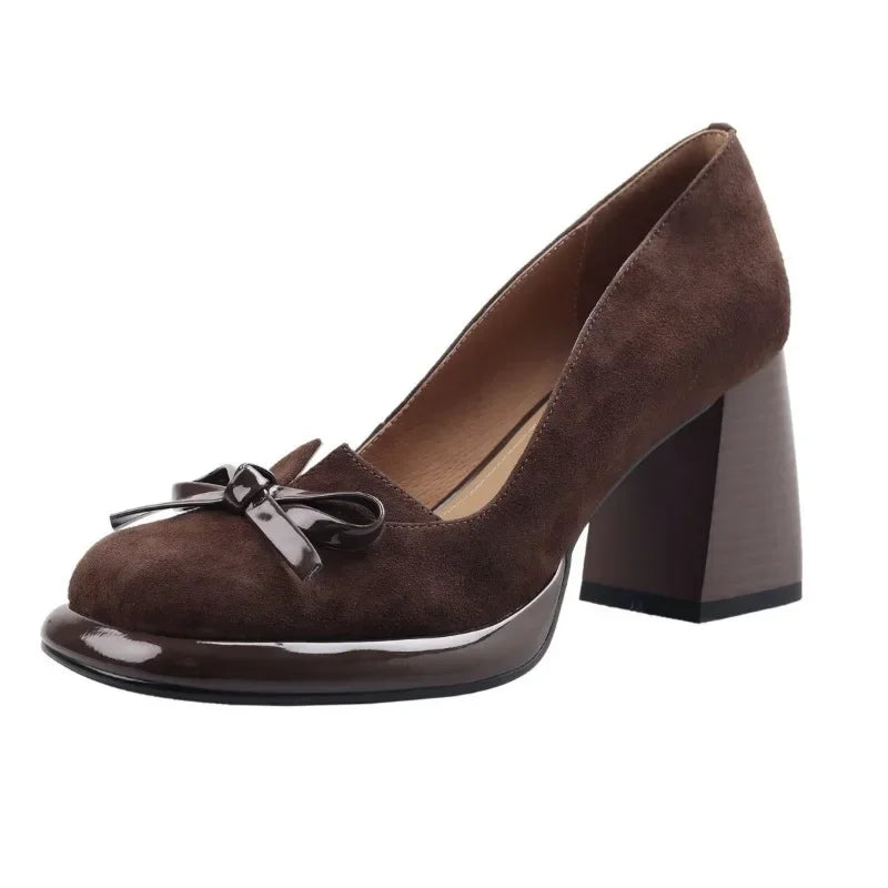 Women Retro High Block Heels Butterfly Knot Faux Suede Loafer - Frimunt Clothing Co.