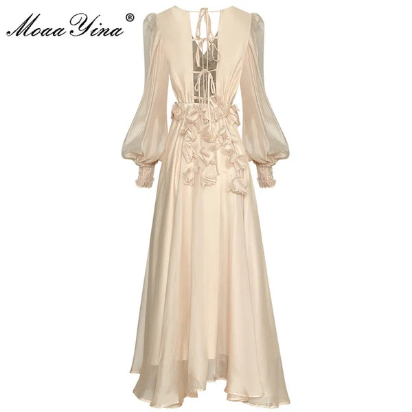 Designer Women's Elegant V-Neck Lantern Long Sleeve Lace-up Backless Dress - Frimunt Clothing Co.