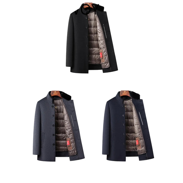Men's Insulated Wool-Blend Winter Coat Mid-Long Style With Removable Down Filled Liner