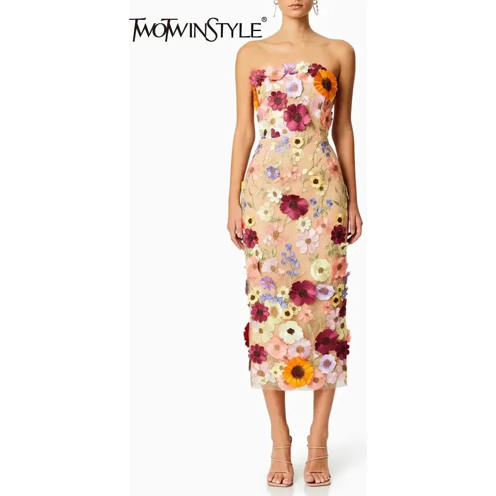 Women's Sleeveless Floral Appliques Midi Dress - Frimunt Clothing Co.