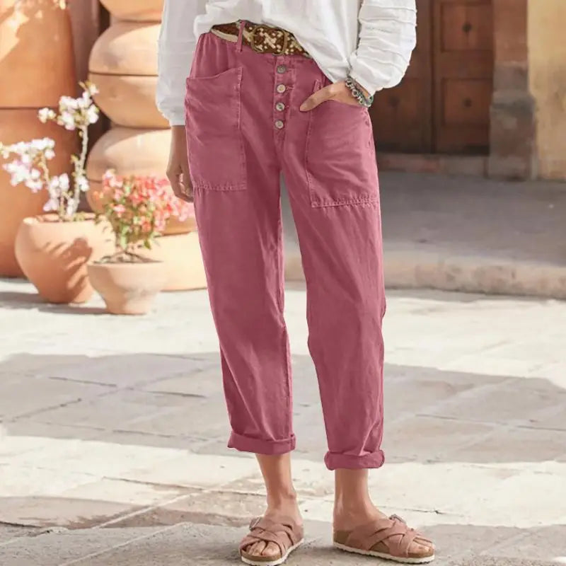 Women's Boho Style Cotton Linen Trousers Loose Fit Solid Color - Frimunt Clothing Co.