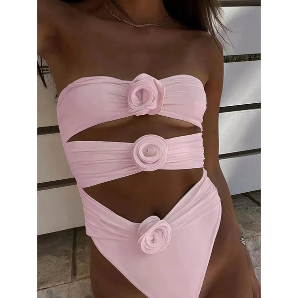 Women's Solid 3D Floral Cut Out One Piece Swimsuit Push Up Monokini - Frimunt Clothing Co.