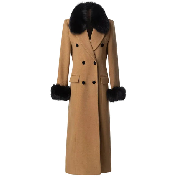 Women's Fur Turn-Down Collar Fur Trimmed Sleeves Double Tweed Winter Outerwear