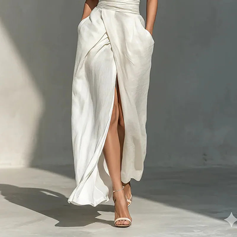 White Criss Cross Halter Elegant Party Dress Ruched Waist Summer Long Dress