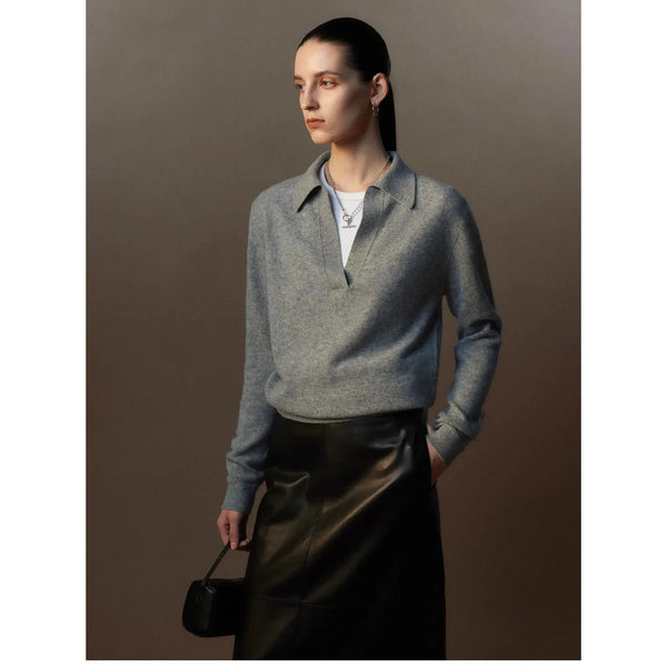 100% Cashmere Polo Scissors Collar Knit Sweater