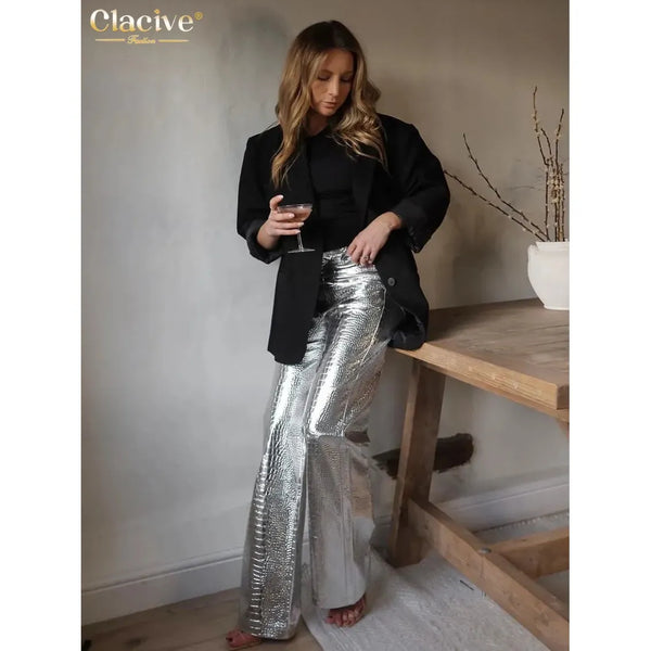Silver Eco Leather Womens Pants High Waist Straight Leg Trousers - Frimunt Clothing Co.