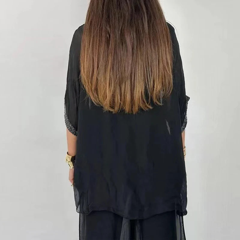 Women's Spring Sequin Chiffon Set Round Neck Top Pullover & Wide Leg Pants - Frimunt Clothing Co.