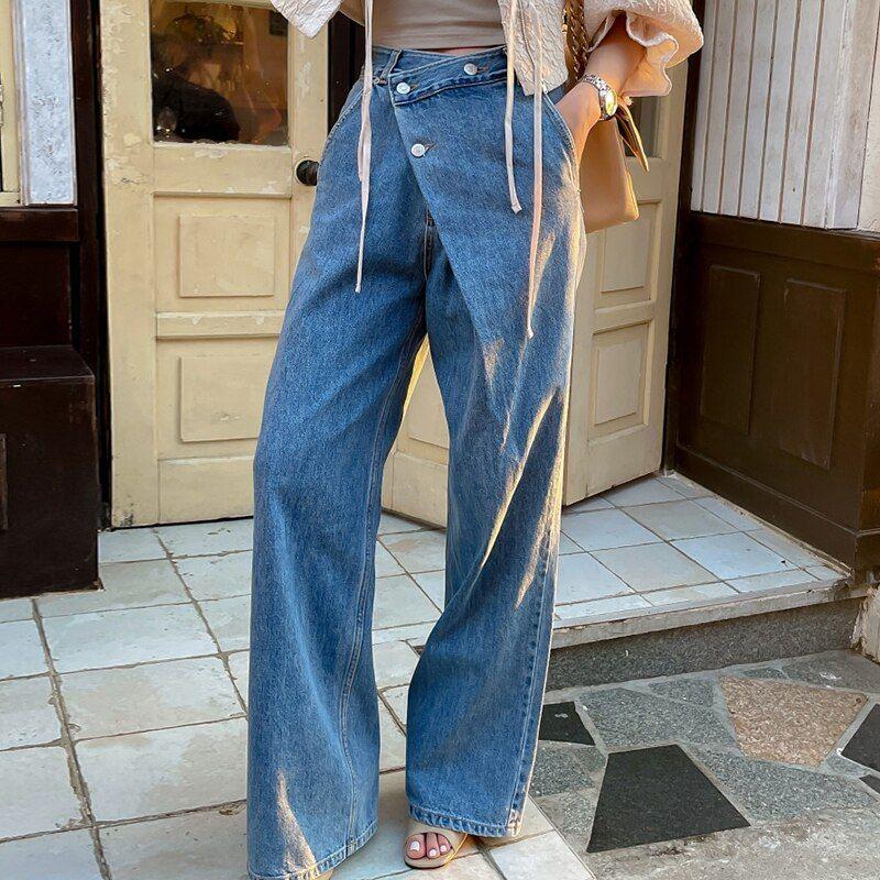 SuperAen Women's Chic Retro Irregular Waist Button Design Wide Leg Jeans - Frimunt Clothing Co.