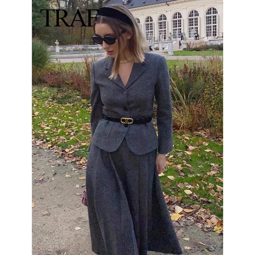 Autumn Women Fashion Suits Trend, Solid V Neck Textured Slim Blazer + With Pleated Skirt - Frimunt Clothing Co.