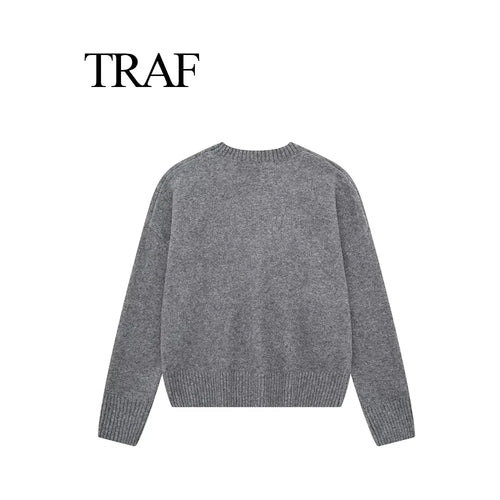 Autumn Winter Women's Gray Knit Pullover Sweaters Long Sleeve O-Neck - Frimunt Clothing Co.