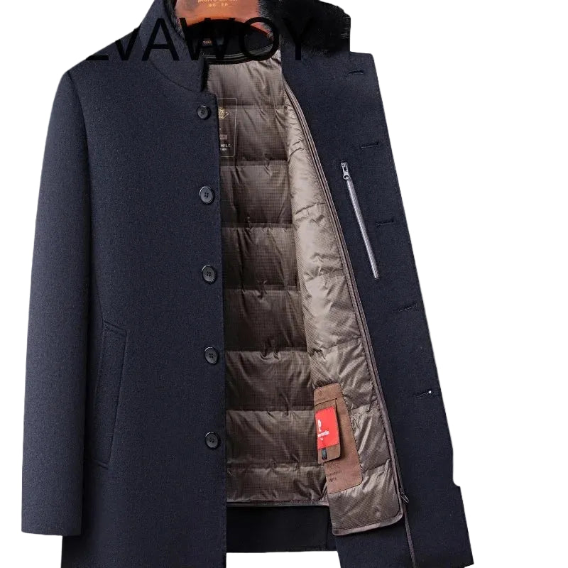 Men's Insulated Wool-Blend Winter Coat Mid-Long Style With Removable Down Filled Liner
