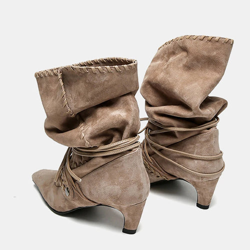Autumn Winter Brown Suede Weave Lace-up Women Pleated Ankle Boots