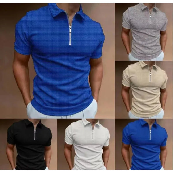 Men's Zipper Waffle Polo Shirt Short Sleeve T-shirt Solid Colors - Frimunt Clothing Co.