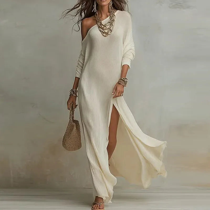 Spring One Shoulder Long Sleeve Split Bohemian Maxi Dress