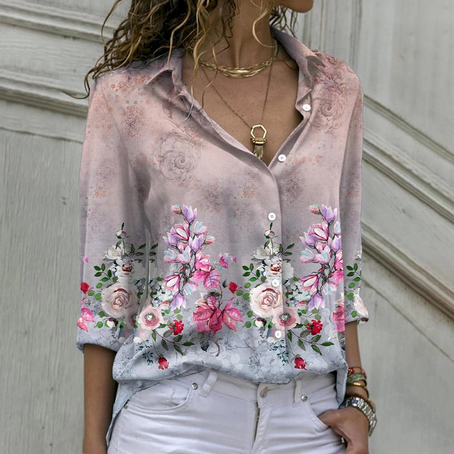 Women Casual Elegant Loose Long Sleeve Floral Shirts - Frimunt Clothing Co.