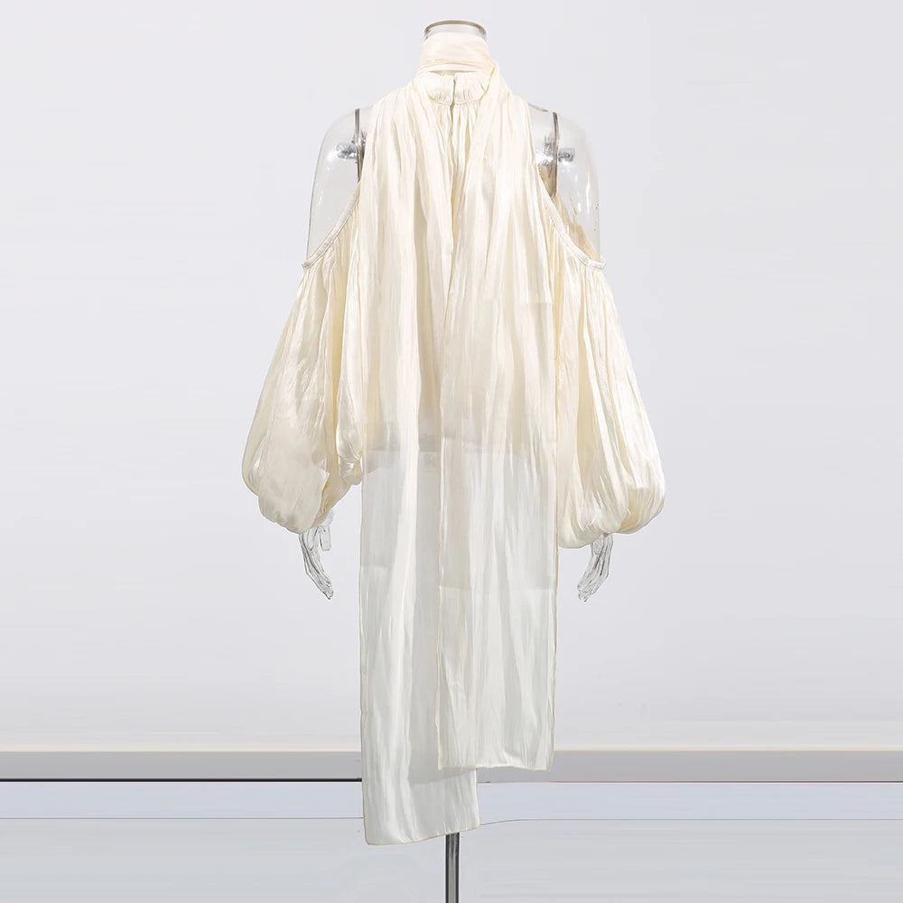 Draped Lantern Sleeve Halter Top – Silk Blend Statement Blouse - Frimunt Clothing Co.