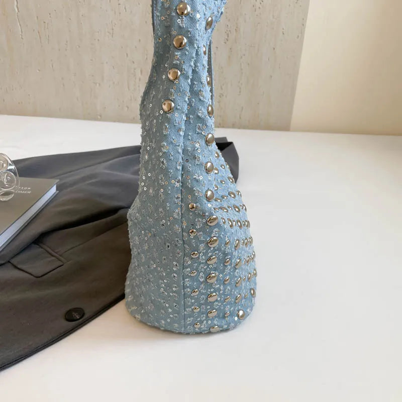 Women's Denim Rivet Bucket Shoulder Bag - Frimunt Clothing Co.