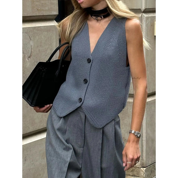 Women's Knit Casual Ribbed Solid Slim V-Neck Vest Cardigan