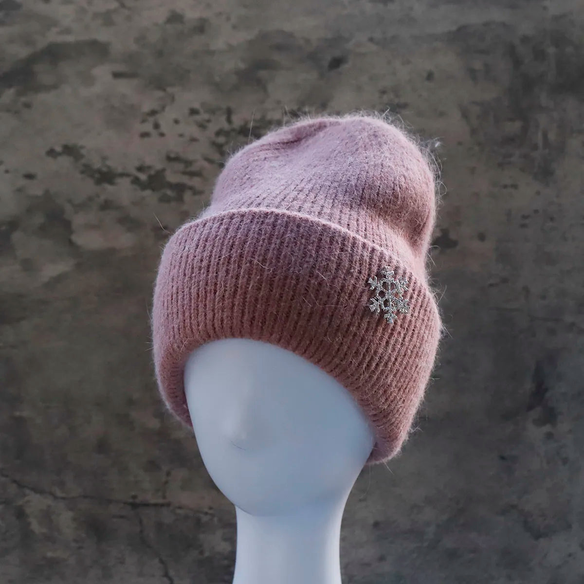 Women's Winter Knit Cuff Hat Real Warm Rabbit Hair Snowflake Pin Solid Colors - Frimunt Clothing Co.
