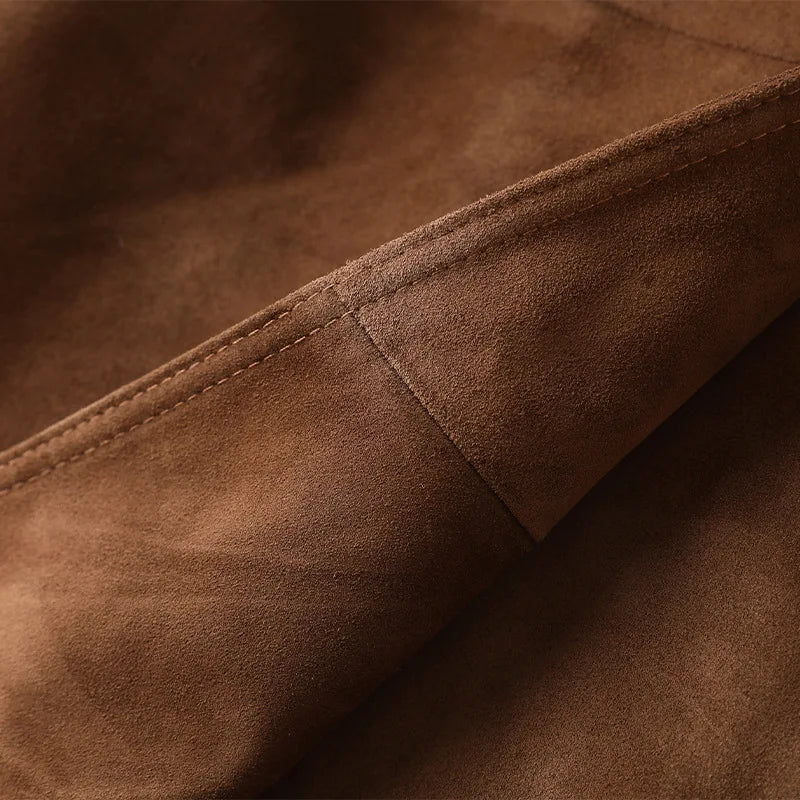 Women's Genuine Leather Suede Long Classic Trench Coat Double Breasted With Belt