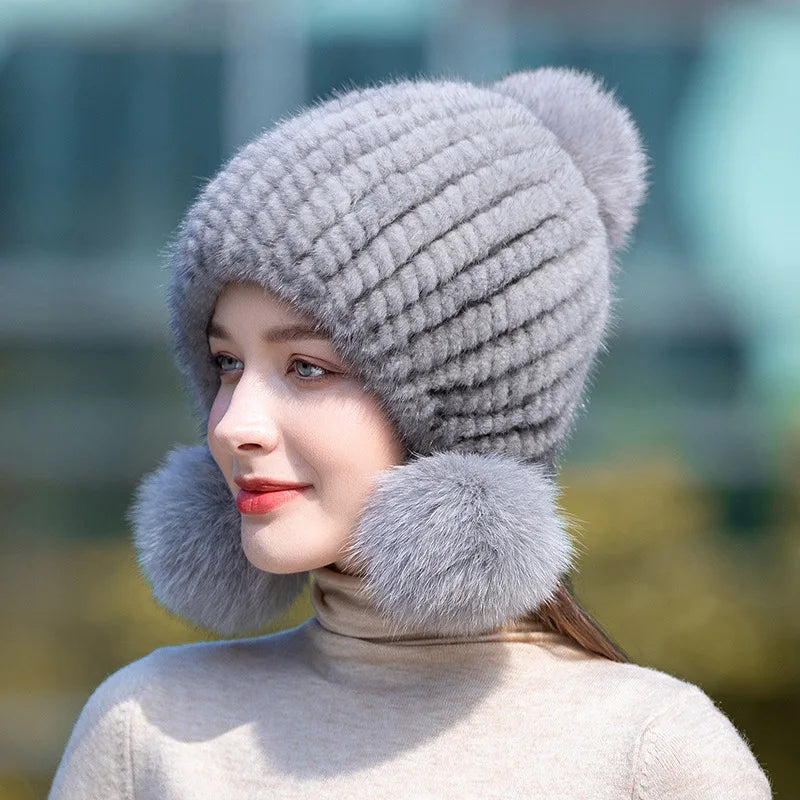 Winter Hot Sale Real Mink Fur Knitted Hat For Women With Fur Pompoms - Frimunt Clothing Co.