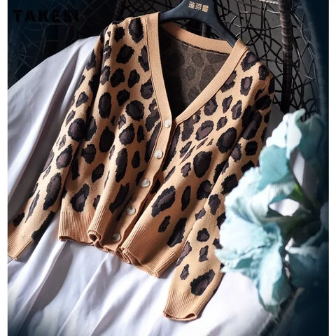 Autumn Vintage Fashion Women's Casual Leopard Knit Cardigan Sweater