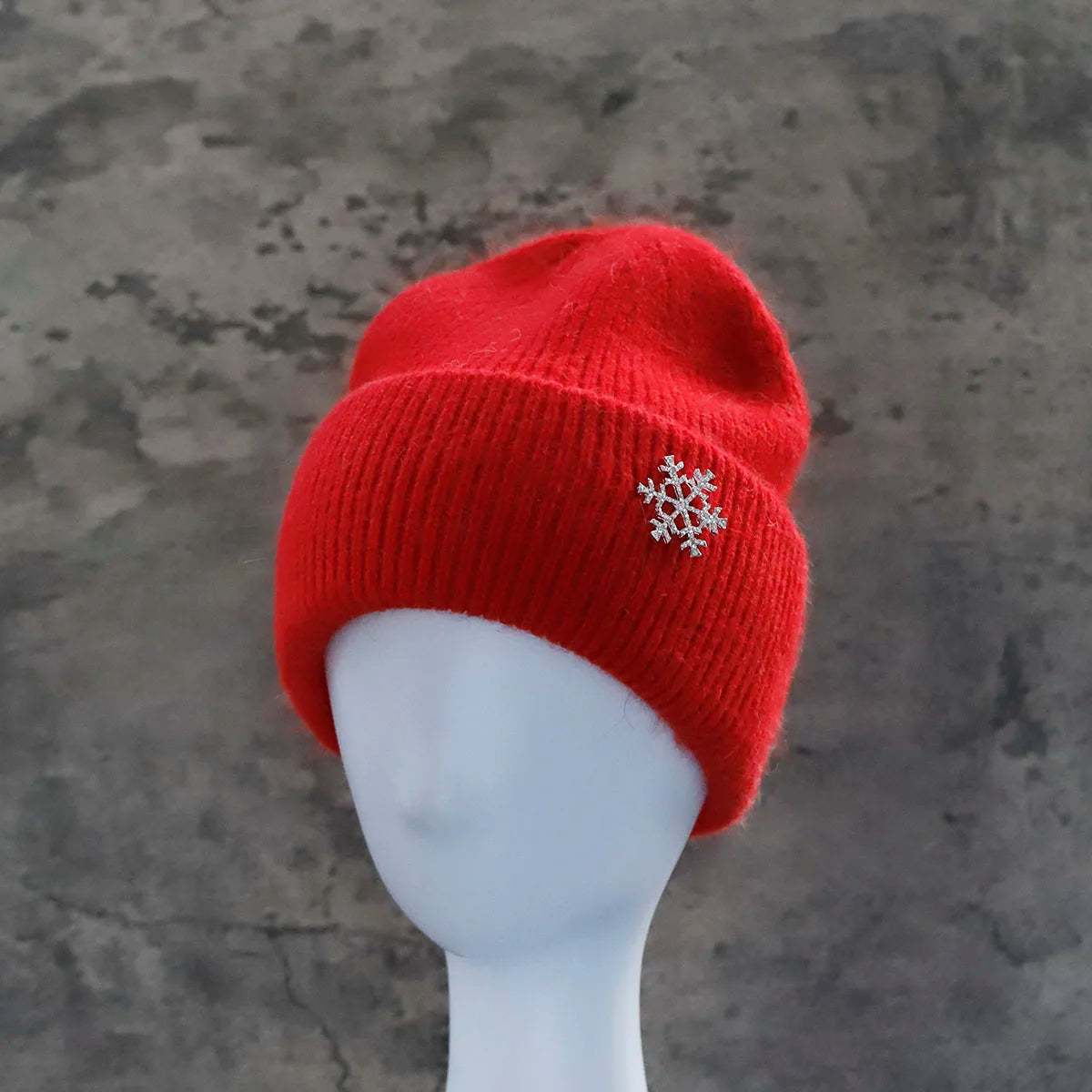 Women's Winter Knit Cuff Hat Real Warm Rabbit Hair Snowflake Pin Solid Colors - Frimunt Clothing Co.